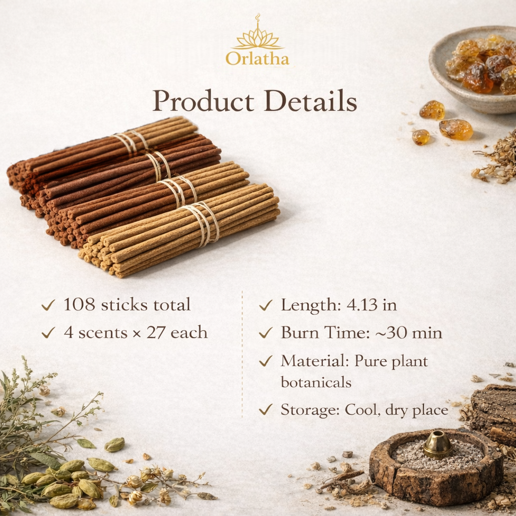 Orlatha Handmade Short Incense Sticks Gift Set – 4 Scent Assortment, 108 Sticks